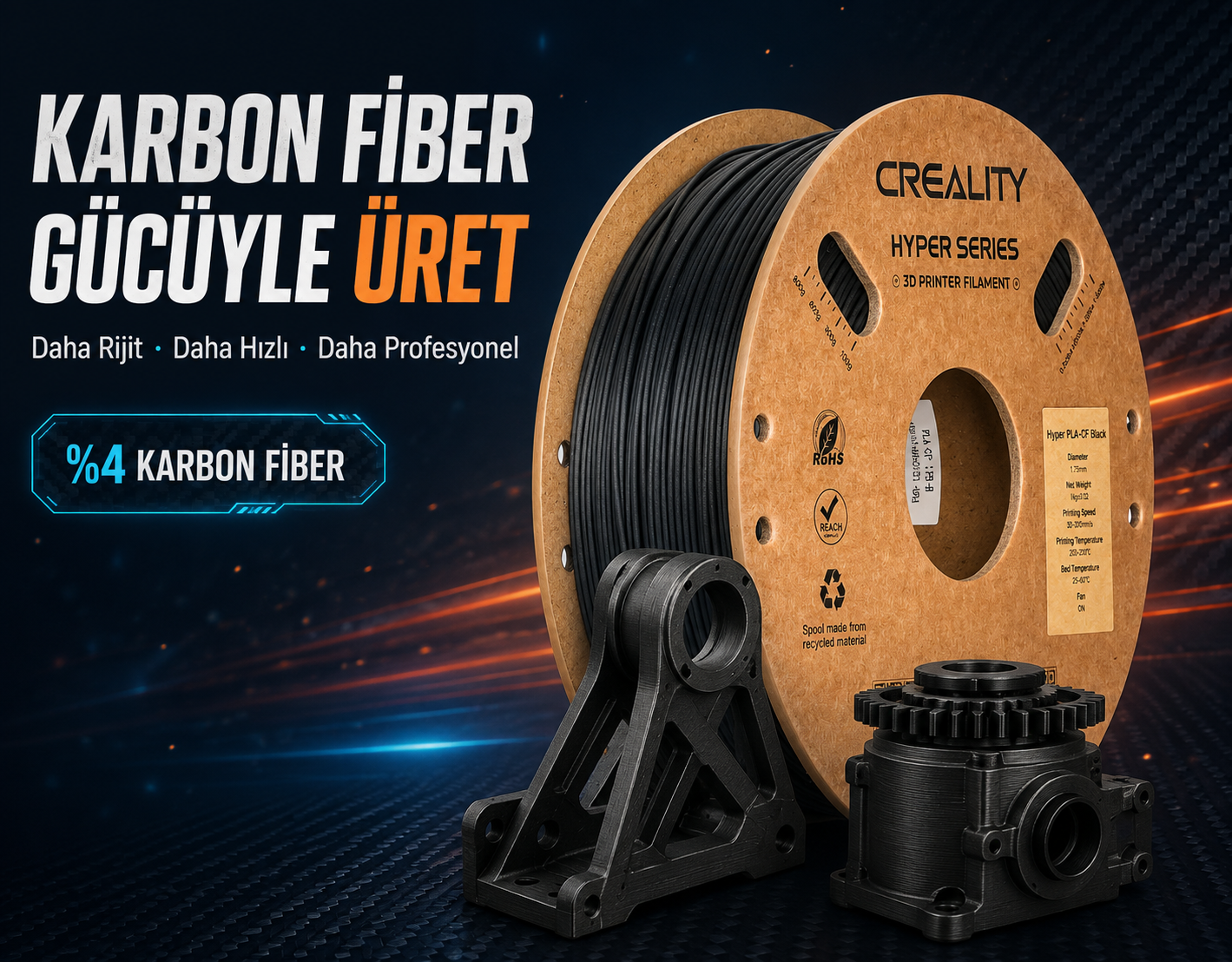 Creality Hyper PLA-CF karbon fiber mor filament 1.75 mm 1 kg