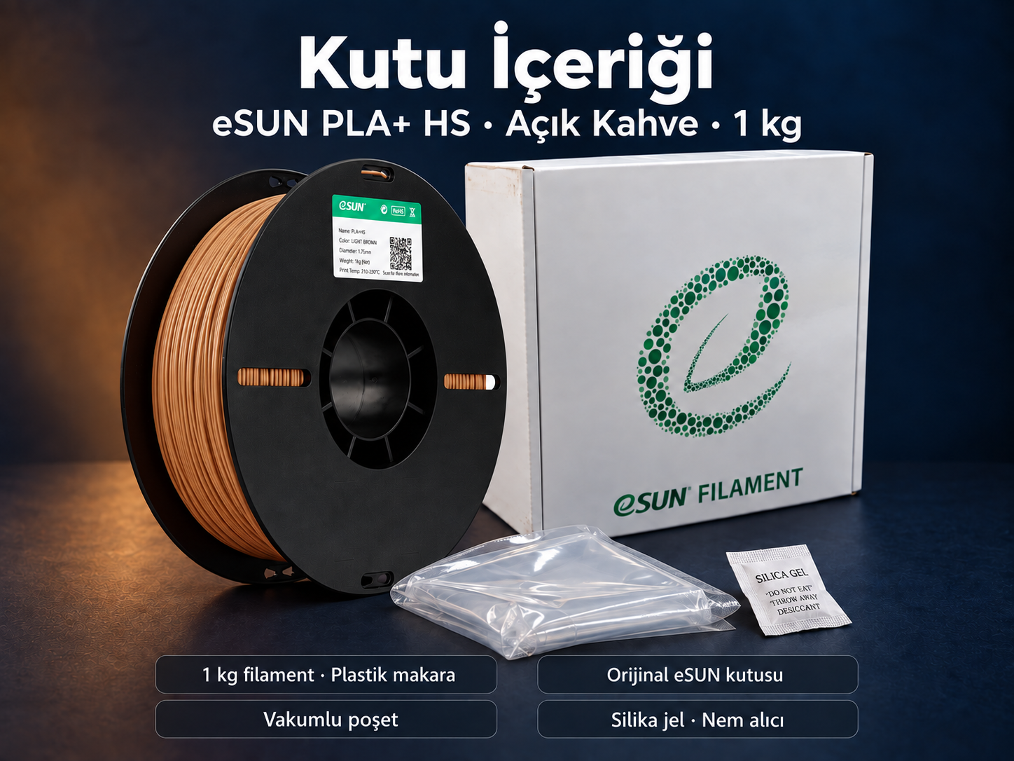 eSUN PLA+ HS A&ccedil;ık Kahve kutu i&ccedil;eriği: plastik makara, orijinal kutu, vakumlu poşet ve silika jel