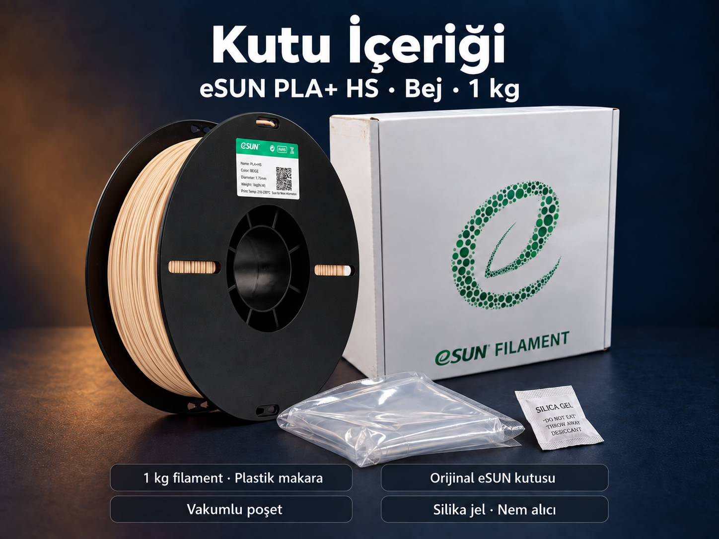 eSUN PLA+ HS Bej kutu i&ccedil;eriği: plastik makara, orijinal kutu, vakumlu poşet ve silika jel