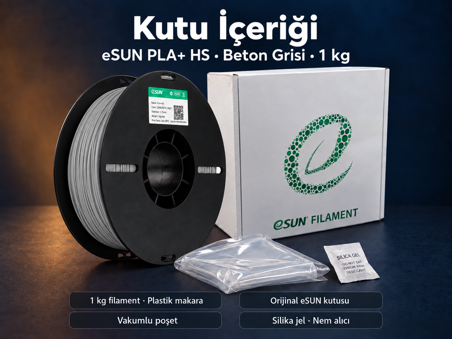 eSUN PLA+ HS Beton Grisi kutu i&ccedil;eriği: plastik makara, orijinal kutu, vakumlu poşet ve silika jel