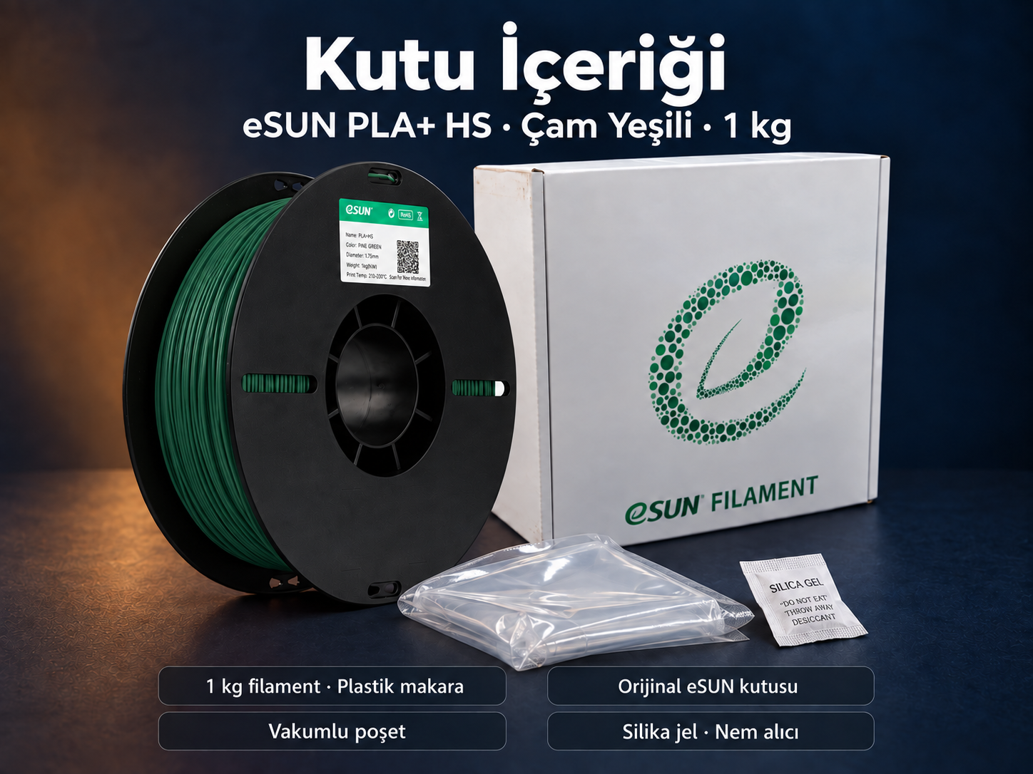 eSUN PLA+ HS &Ccedil;am Yeşili kutu i&ccedil;eriği: plastik makara, orijinal kutu, vakumlu poşet ve silika jel