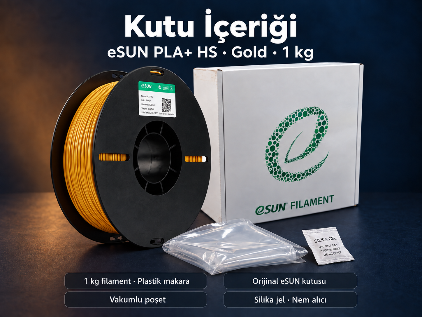 eSUN PLA+ HS Gold kutu i&ccedil;eriği: plastik makara, orijinal kutu, vakumlu poşet ve silika jel