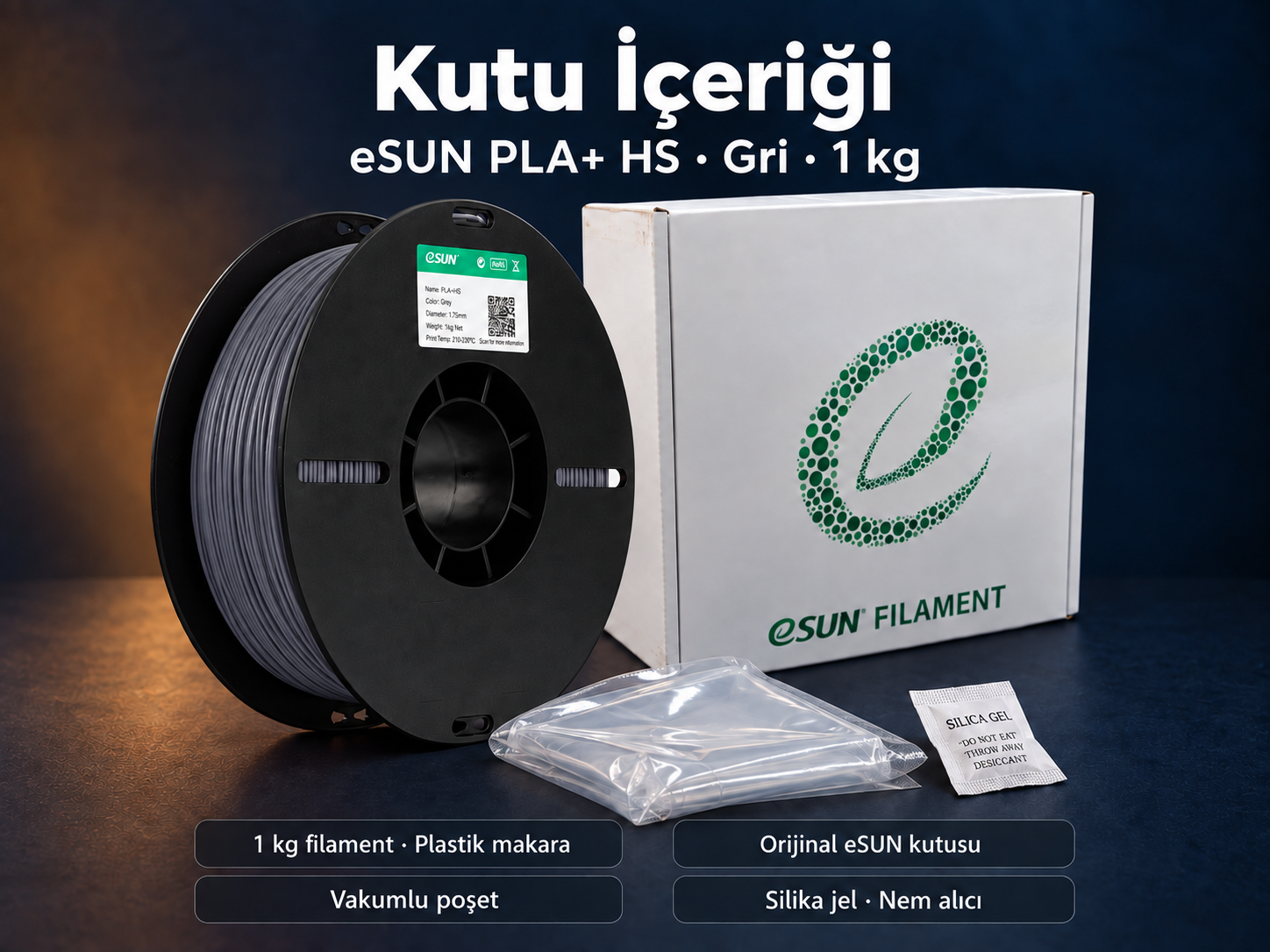 eSUN PLA+ HS Gri kutu i&ccedil;eriği: plastik makara, orijinal kutu, vakumlu poşet ve silika jel
