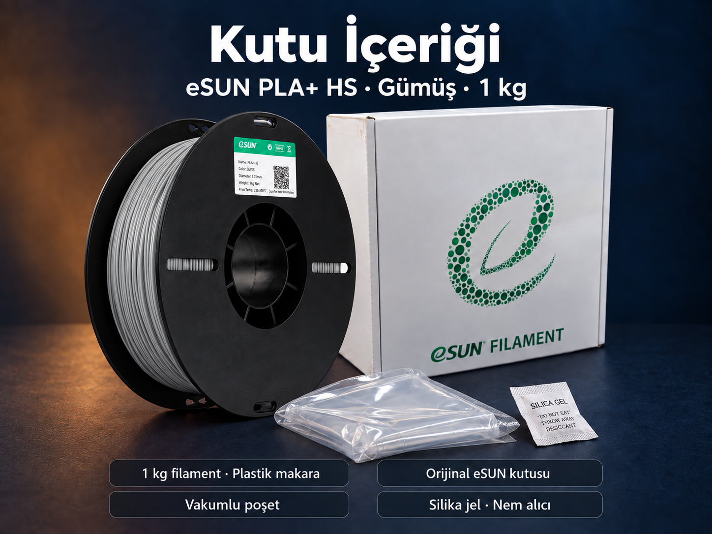 eSUN PLA+ HS G&uuml;m&uuml;ş kutu i&ccedil;eriği: plastik makara, orijinal kutu, vakumlu poşet ve silika jel