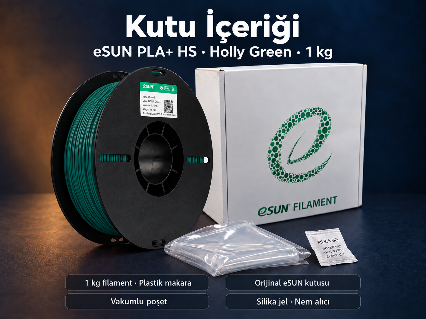 eSUN PLA+ HS Holly Green kutu i&ccedil;eriği: plastik makara, orijinal kutu, vakumlu poşet ve silika jel