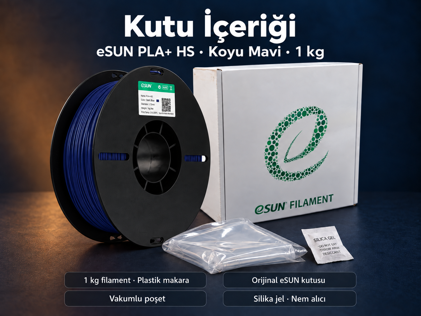 eSUN PLA+ HS Koyu Mavi kutu i&ccedil;eriği: plastik makara, orijinal kutu, vakumlu poşet ve silika jel