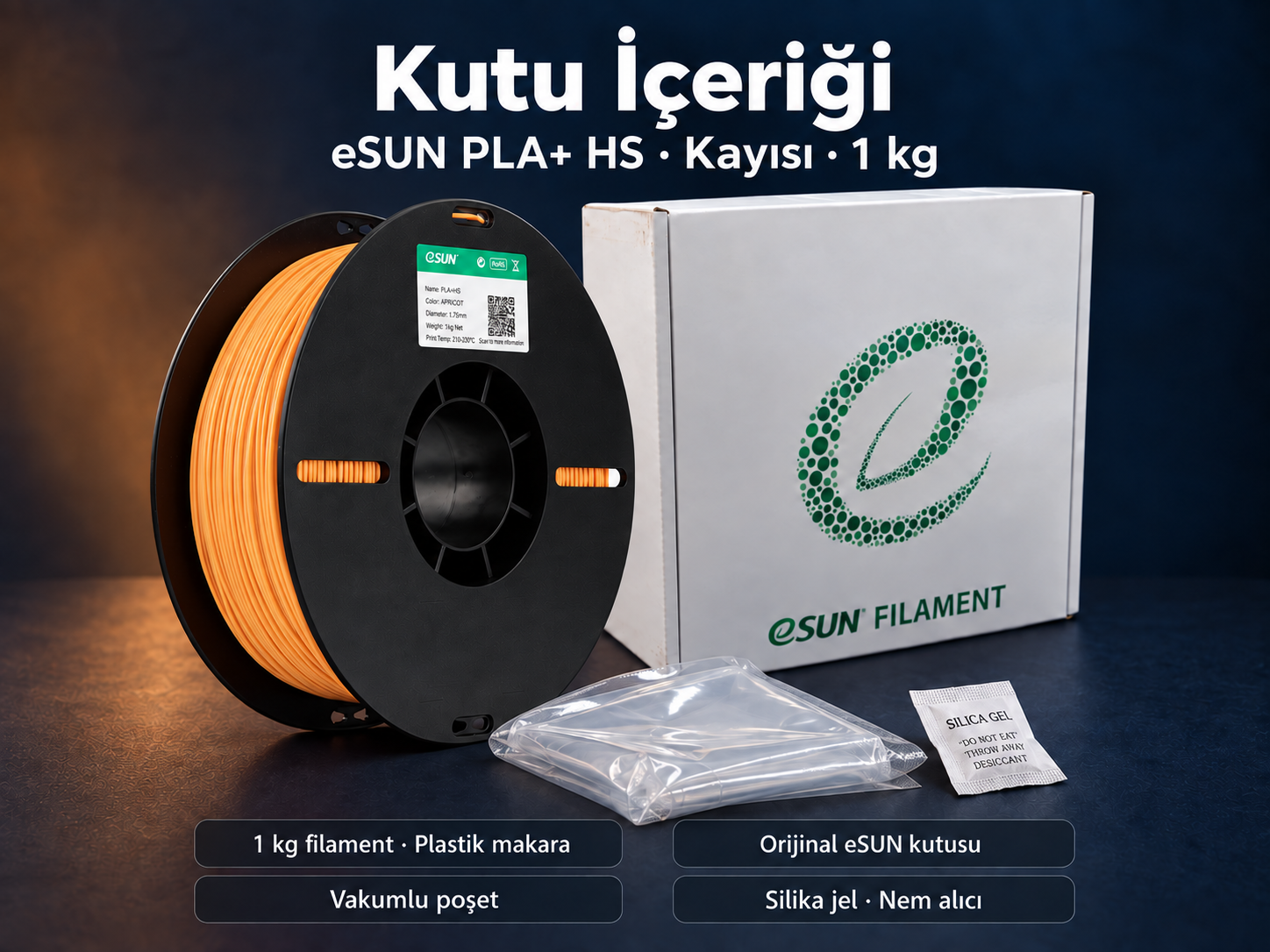 eSUN PLA+ HS Kayısı kutu i&ccedil;eriği: plastik makara, orijinal kutu, vakumlu poşet ve silika jel