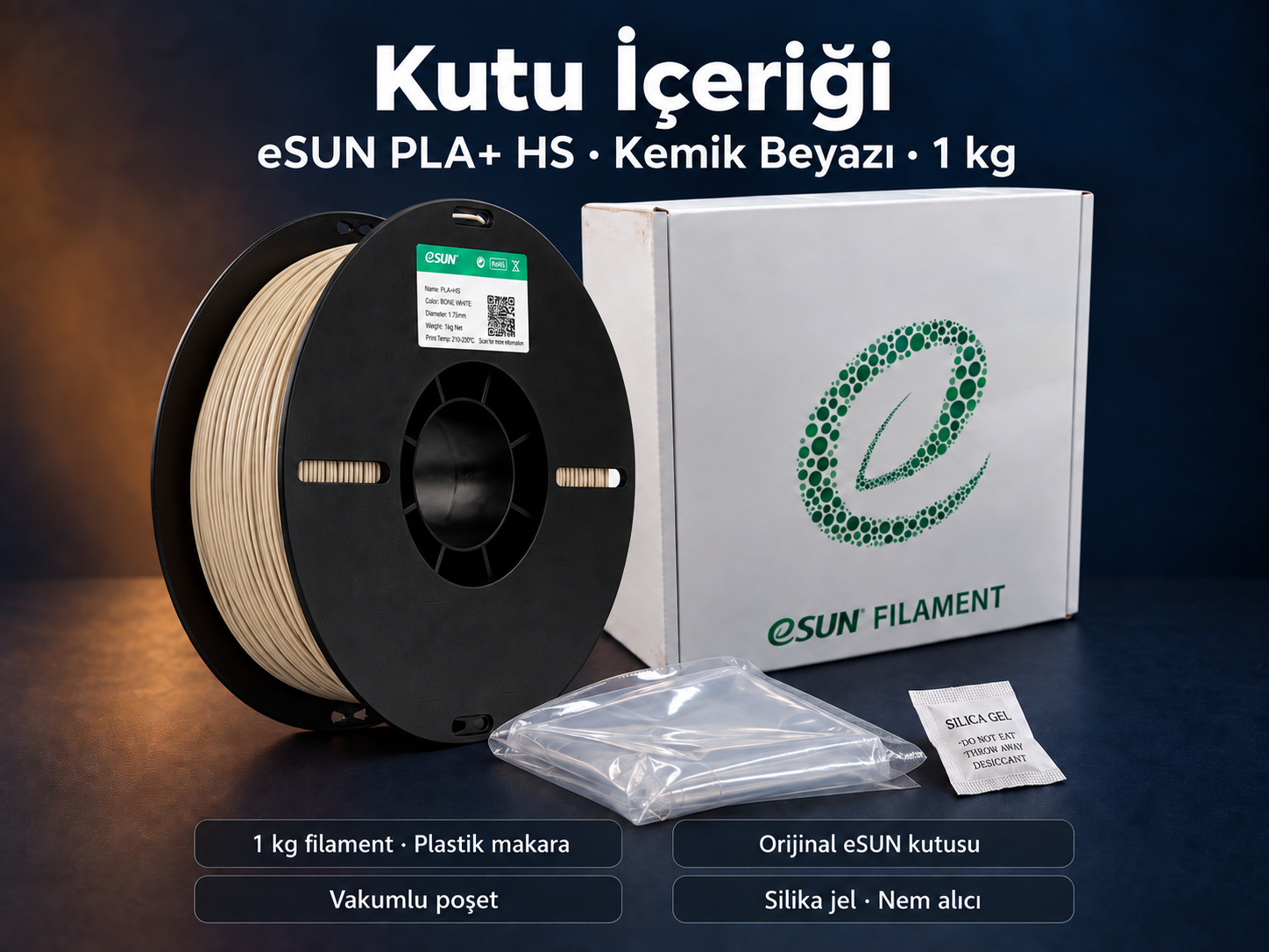 eSUN PLA+ HS Kemik Beyazı kutu i&ccedil;eriği: plastik makara, orijinal kutu, vakumlu poşet ve silika jel