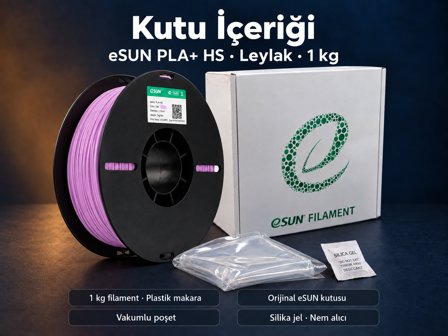 eSUN PLA+ HS Leylak kutu i&ccedil;eriği: plastik makara, orijinal kutu, vakumlu poşet ve silika jel