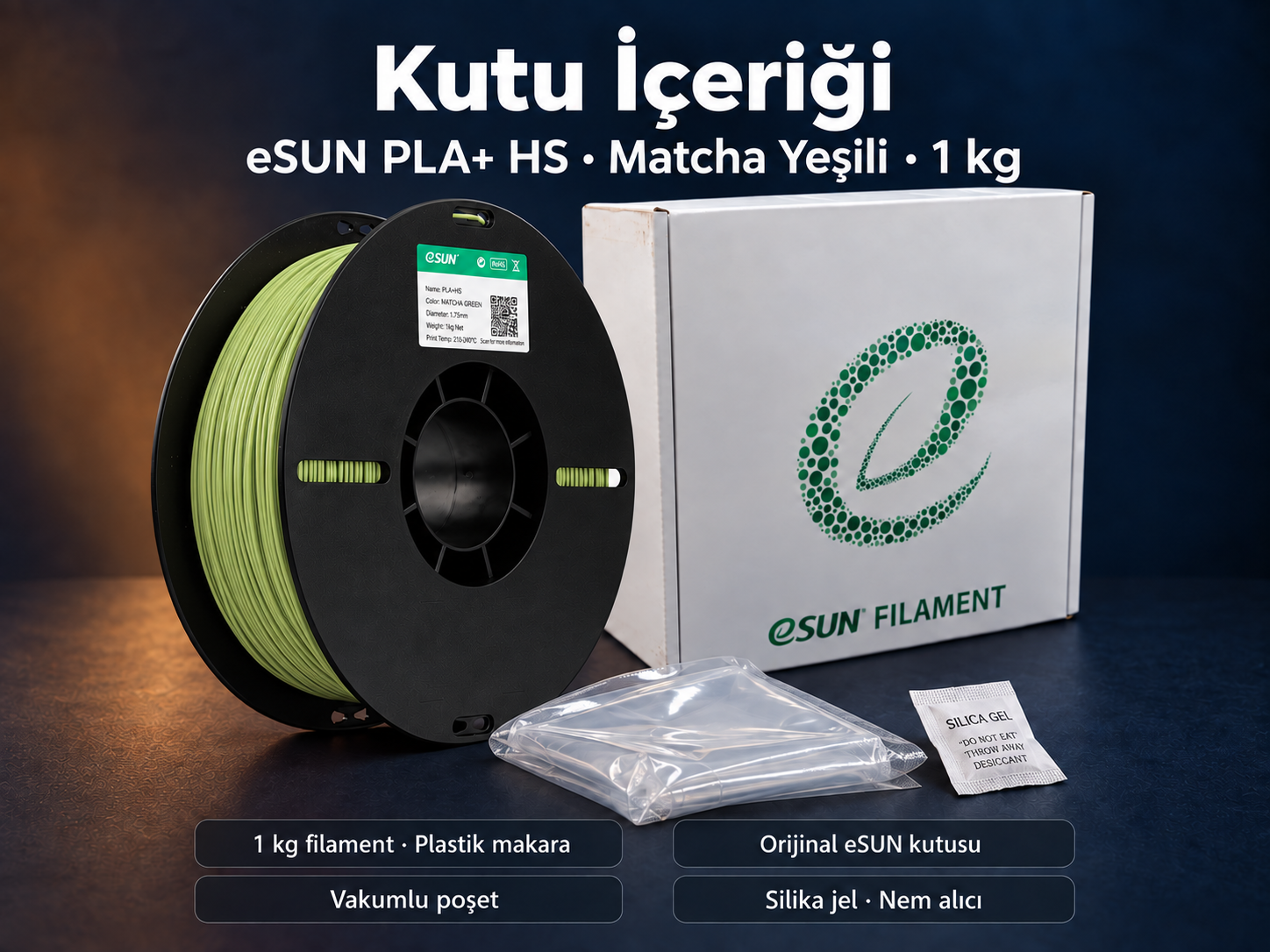 eSUN PLA+ HS Matcha Yeşili kutu i&ccedil;eriği: plastik makara, orijinal kutu, vakumlu poşet ve silika jel