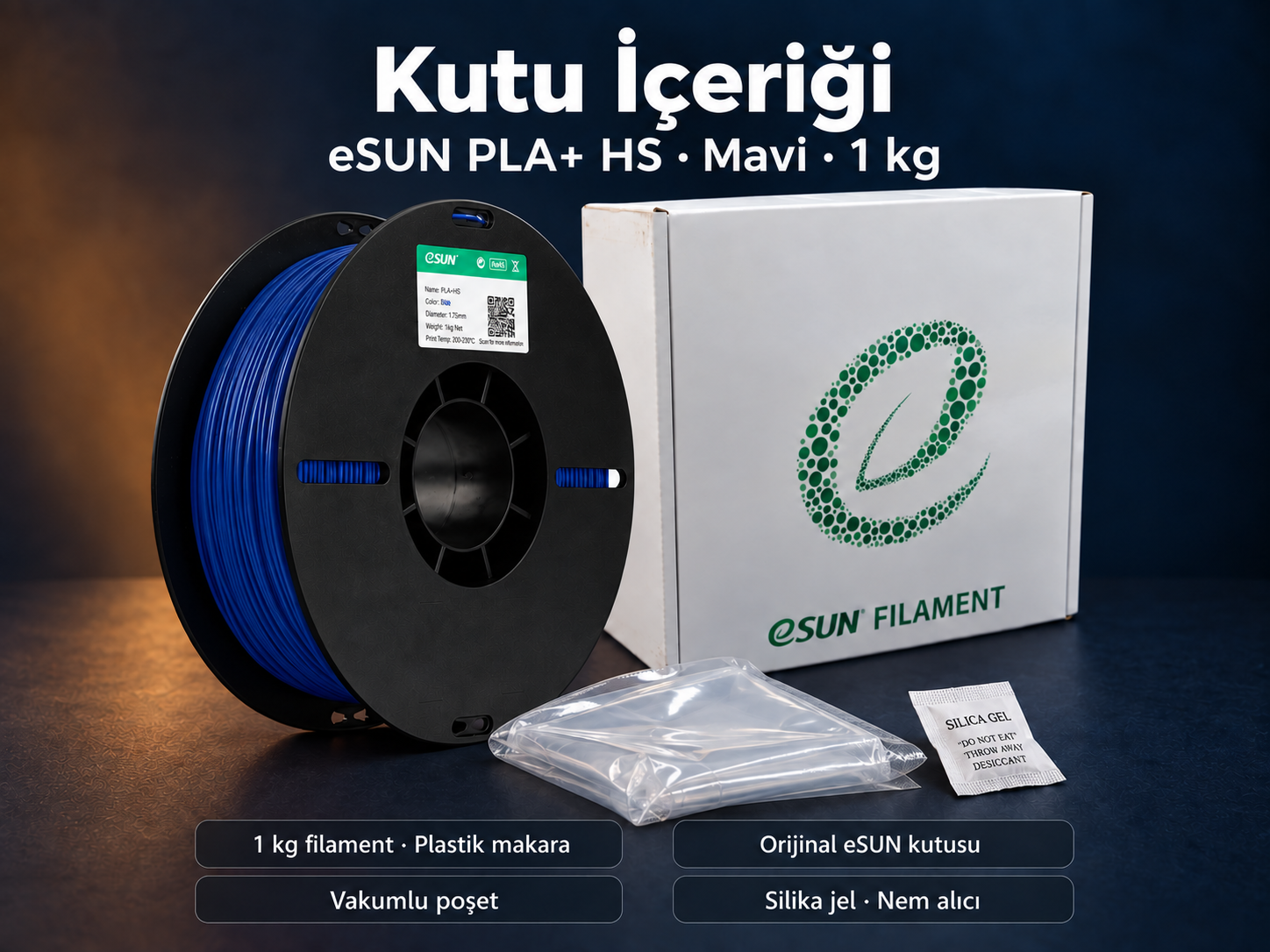 eSUN PLA+ HS Mavi kutu i&ccedil;eriği: plastik makara, orijinal kutu, vakumlu poşet ve silika jel