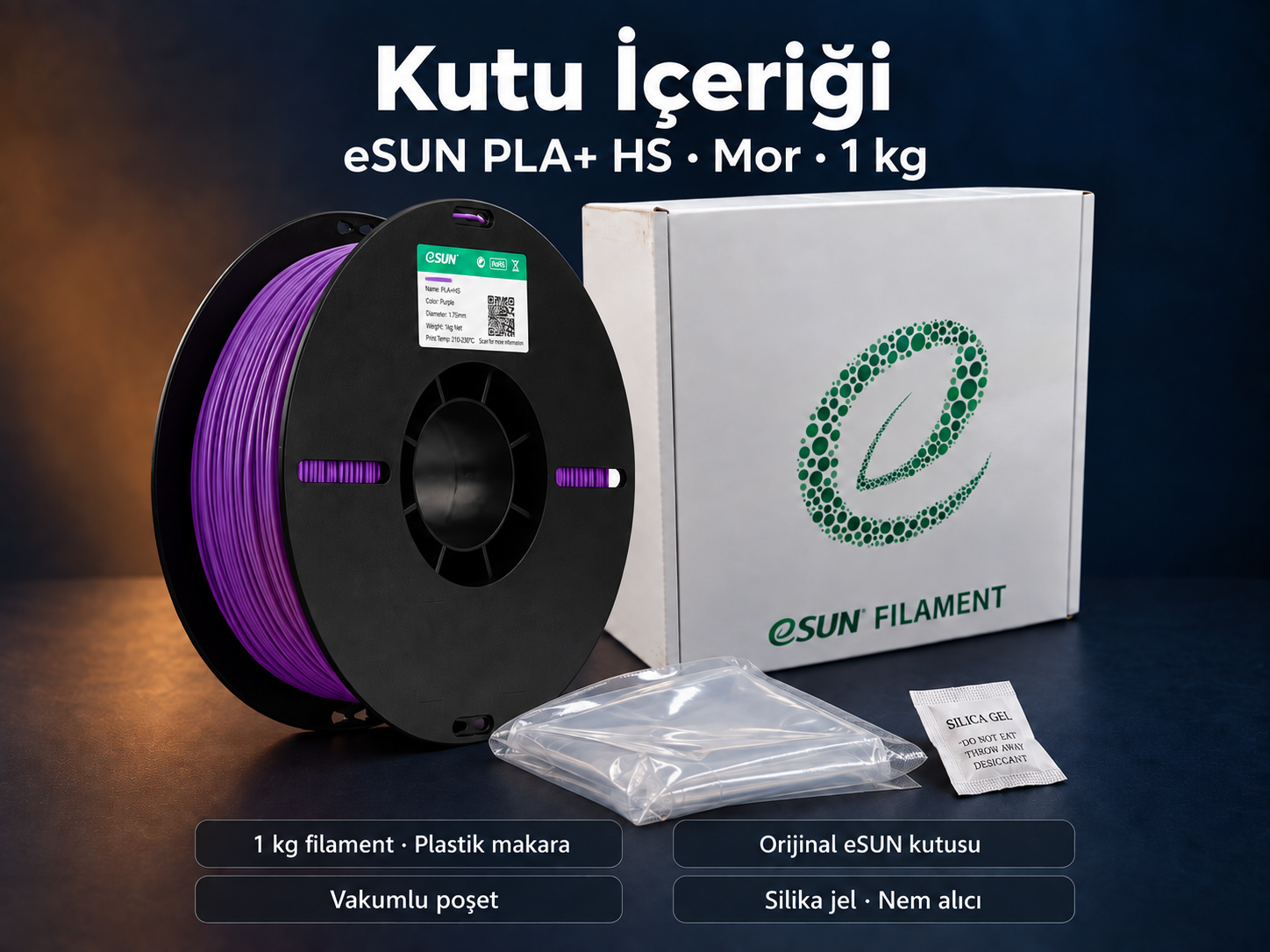 eSUN PLA+ HS Mor kutu i&ccedil;eriği: plastik makara, orijinal kutu, vakumlu poşet ve silika jel
