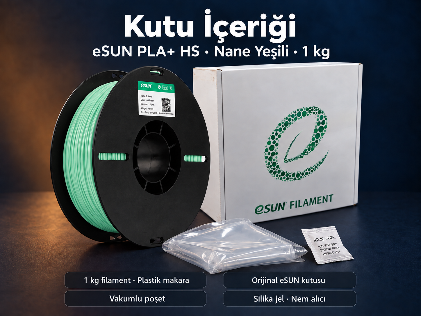 eSUN PLA+ HS Nane Yeşili kutu i&ccedil;eriği: plastik makara, orijinal kutu, vakumlu poşet ve silika jel