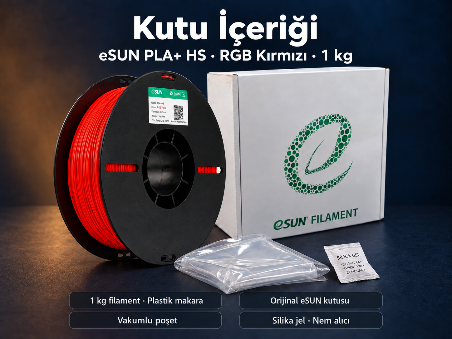 eSUN PLA+ HS RGB Kırmızı kutu içeriği: plastik makara, orijinal kutu, vakumlu poşet ve silika jel