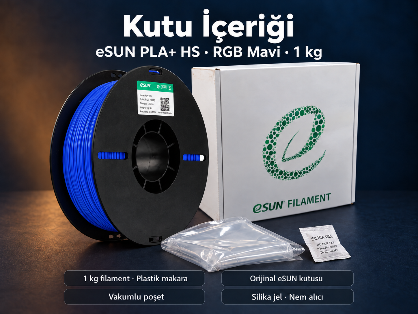 eSUN PLA+ HS RGB Mavi kutu içeriği: plastik makara, orijinal kutu, vakumlu poşet ve silika jel