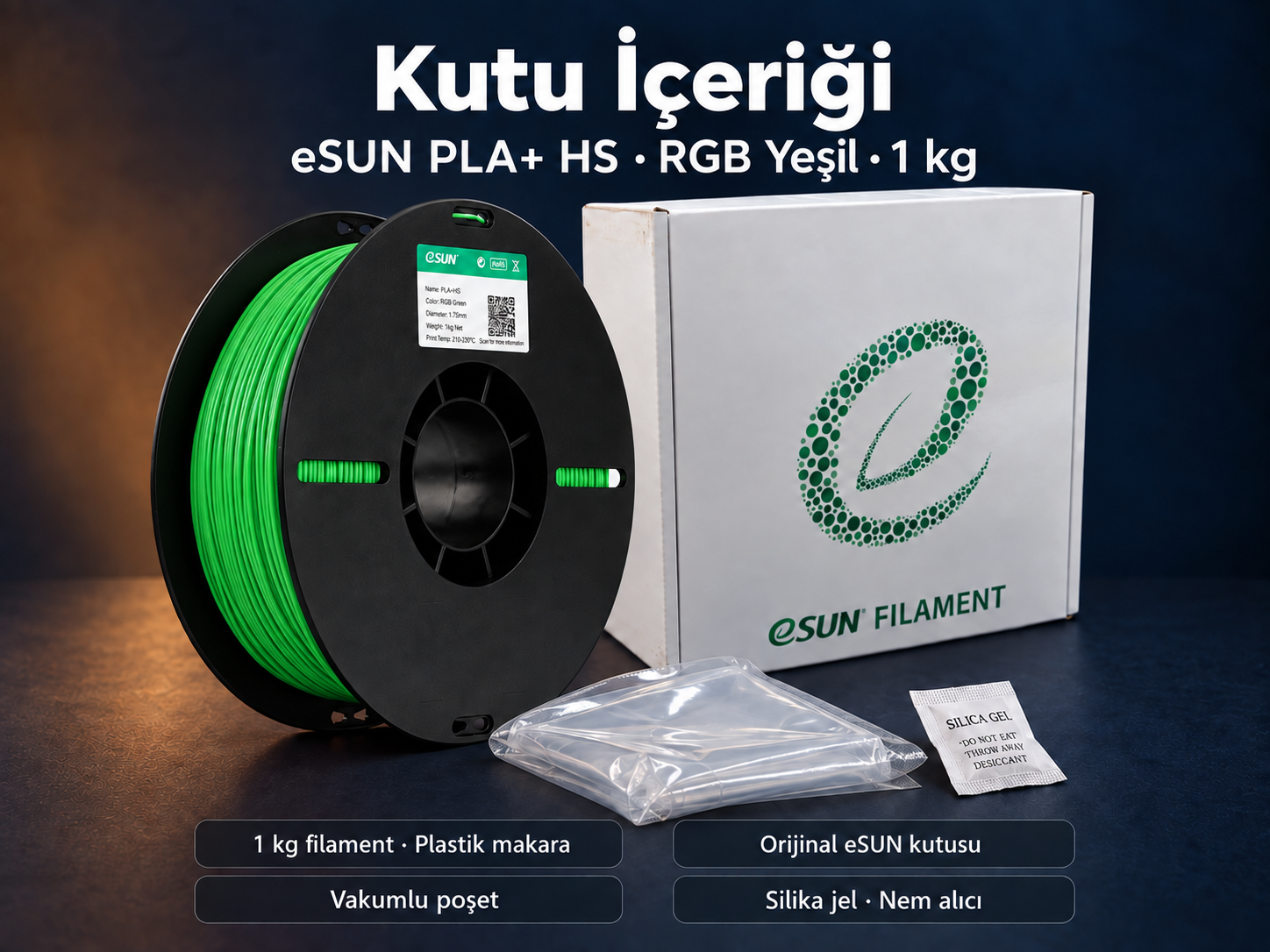 eSUN PLA+ HS RGB Yeşil kutu içeriği: plastik makara, orijinal kutu, vakumlu poşet ve silika jel