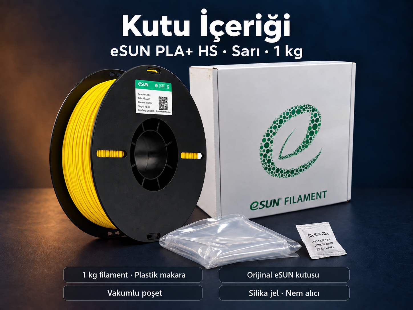 eSUN PLA+ HS Sarı kutu içeriği: plastik makara, orijinal kutu, vakumlu poşet ve silika jel