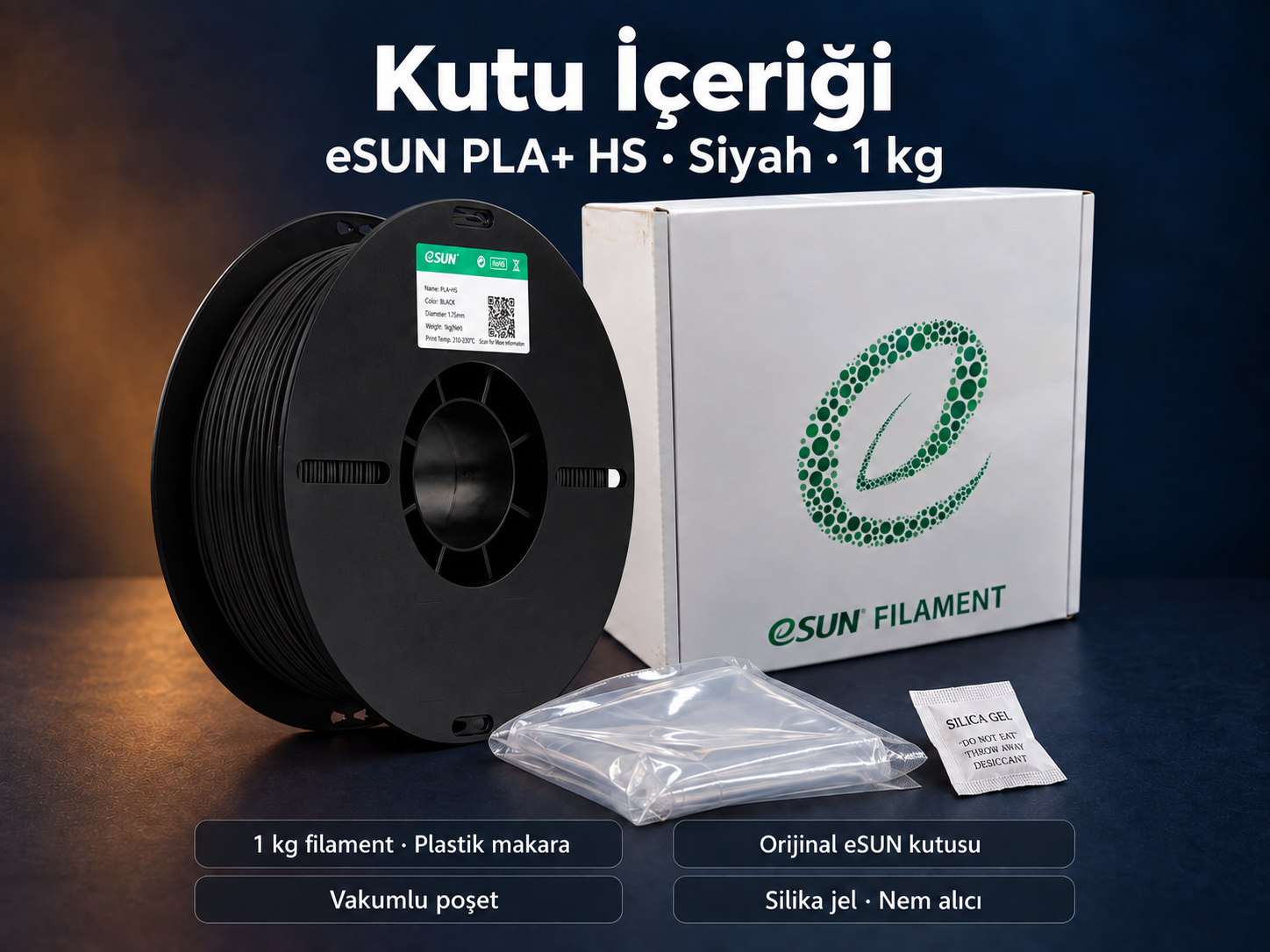 eSUN PLA+ HS Siyah kutu içeriği: plastik makara, orijinal kutu, vakumlu poşet ve silika jel