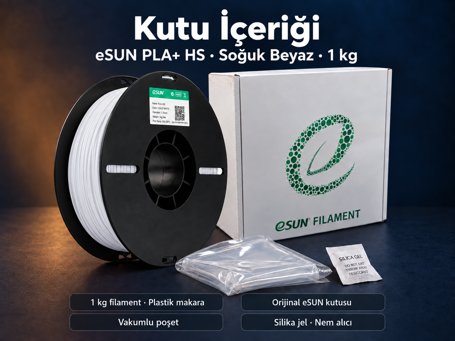 eSUN PLA+ HS Soğuk Beyaz kutu içeriği: plastik makara, orijinal kutu, vakumlu poşet ve silika jel