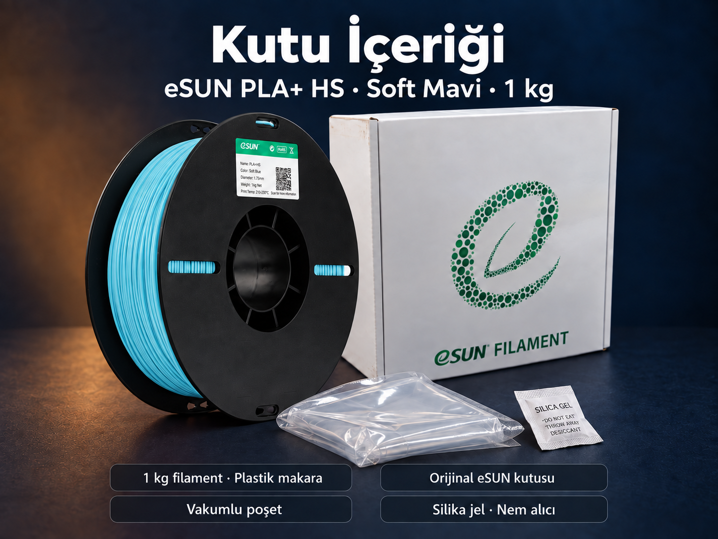 eSUN PLA+ HS Soft Mavi kutu i&ccedil;eriği: plastik makara, orijinal kutu, vakumlu poşet ve silika jel