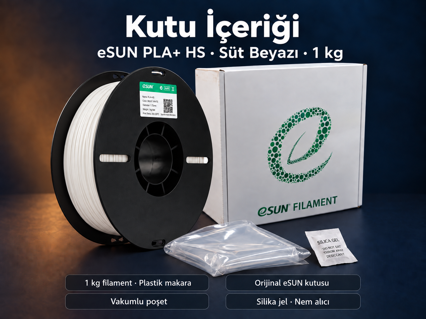 eSUN PLA+ HS S&uuml;t Beyazı kutu i&ccedil;eriği: plastik makara, orijinal kutu, vakumlu poşet ve silika jel