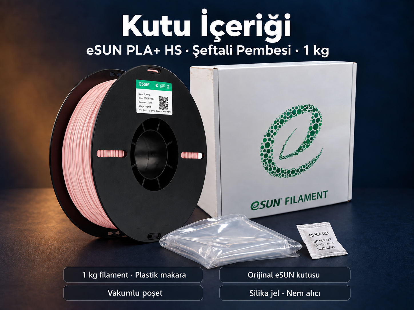 eSUN PLA+ HS Şeftali Pembesi kutu içeriği: plastik makara, orijinal kutu, vakumlu poşet ve silika jel