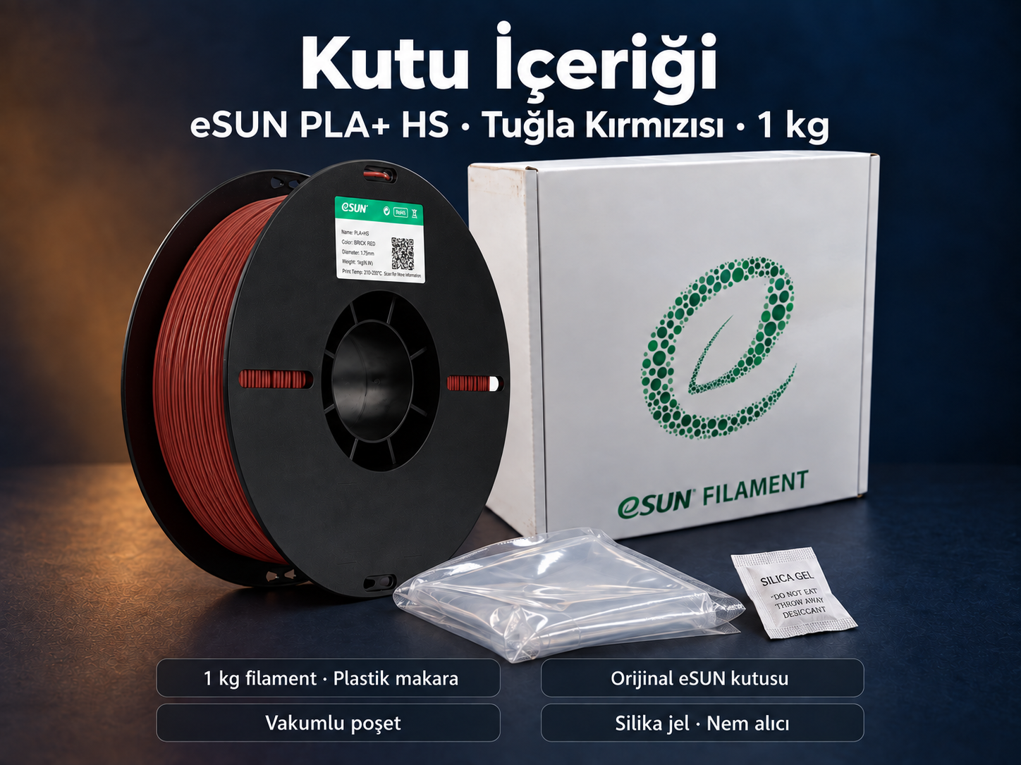 eSUN PLA+ HS Tuğla Kırmızısı kutu i&ccedil;eriği: plastik makara, orijinal kutu, vakumlu poşet ve silika jel