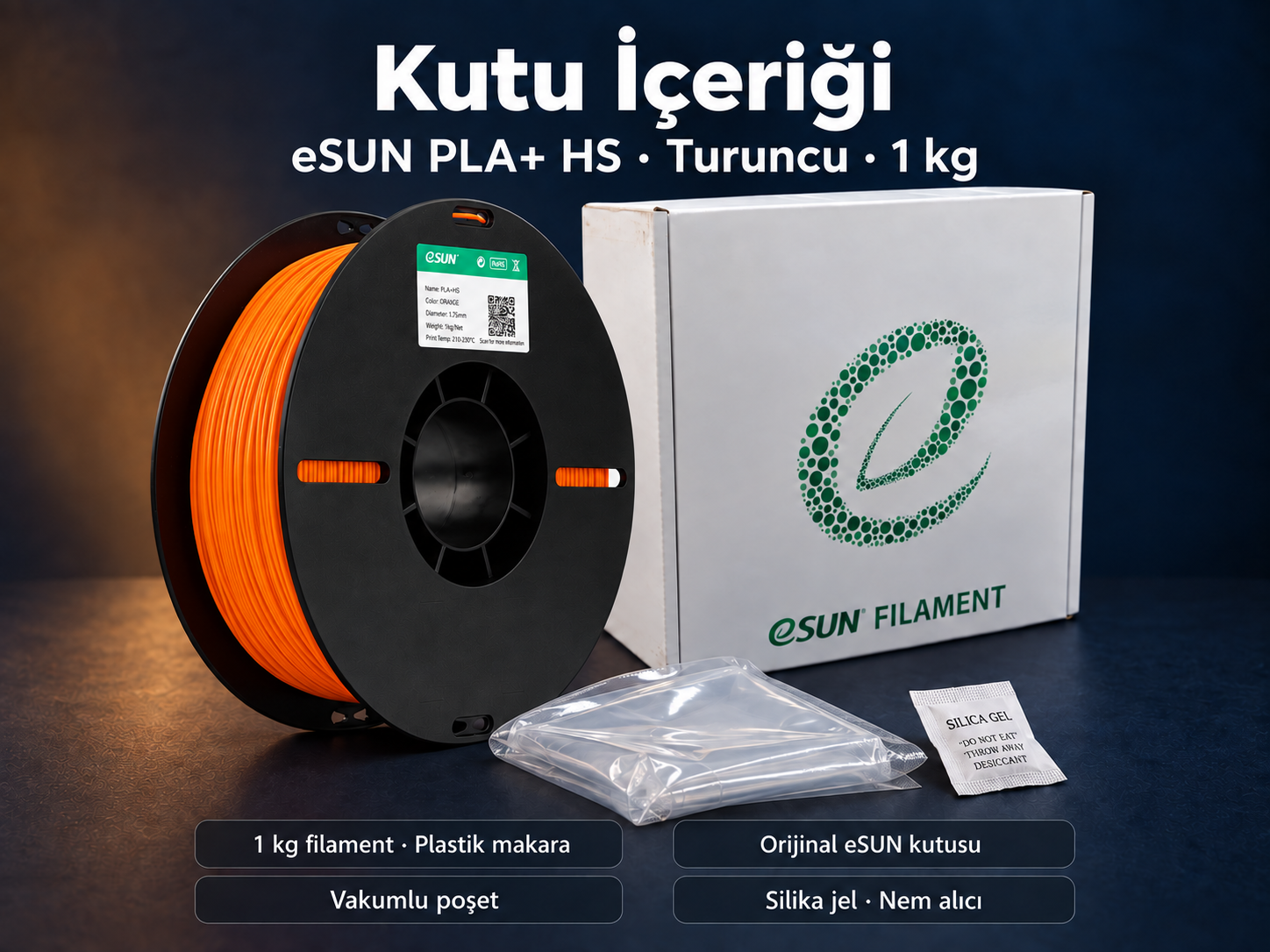 eSUN PLA+ HS Turuncu kutu i&ccedil;eriği: plastik makara, orijinal kutu, vakumlu poşet ve silika jel