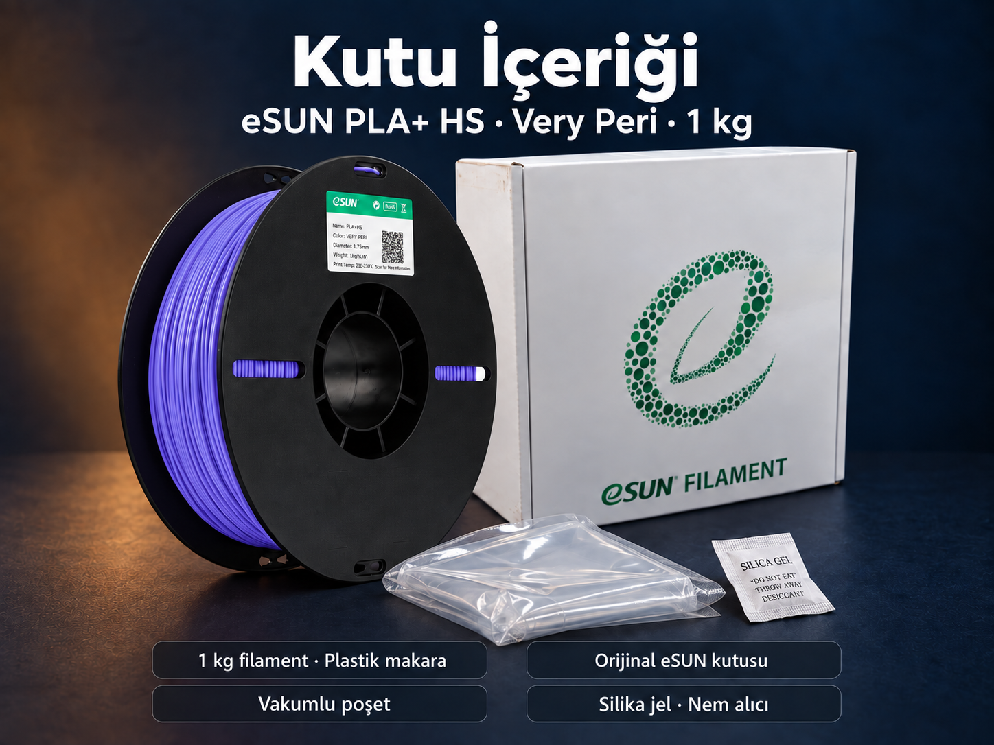 eSUN PLA+ HS Very Peri kutu i&ccedil;eriği: plastik makara, orijinal kutu, vakumlu poşet ve silika jel