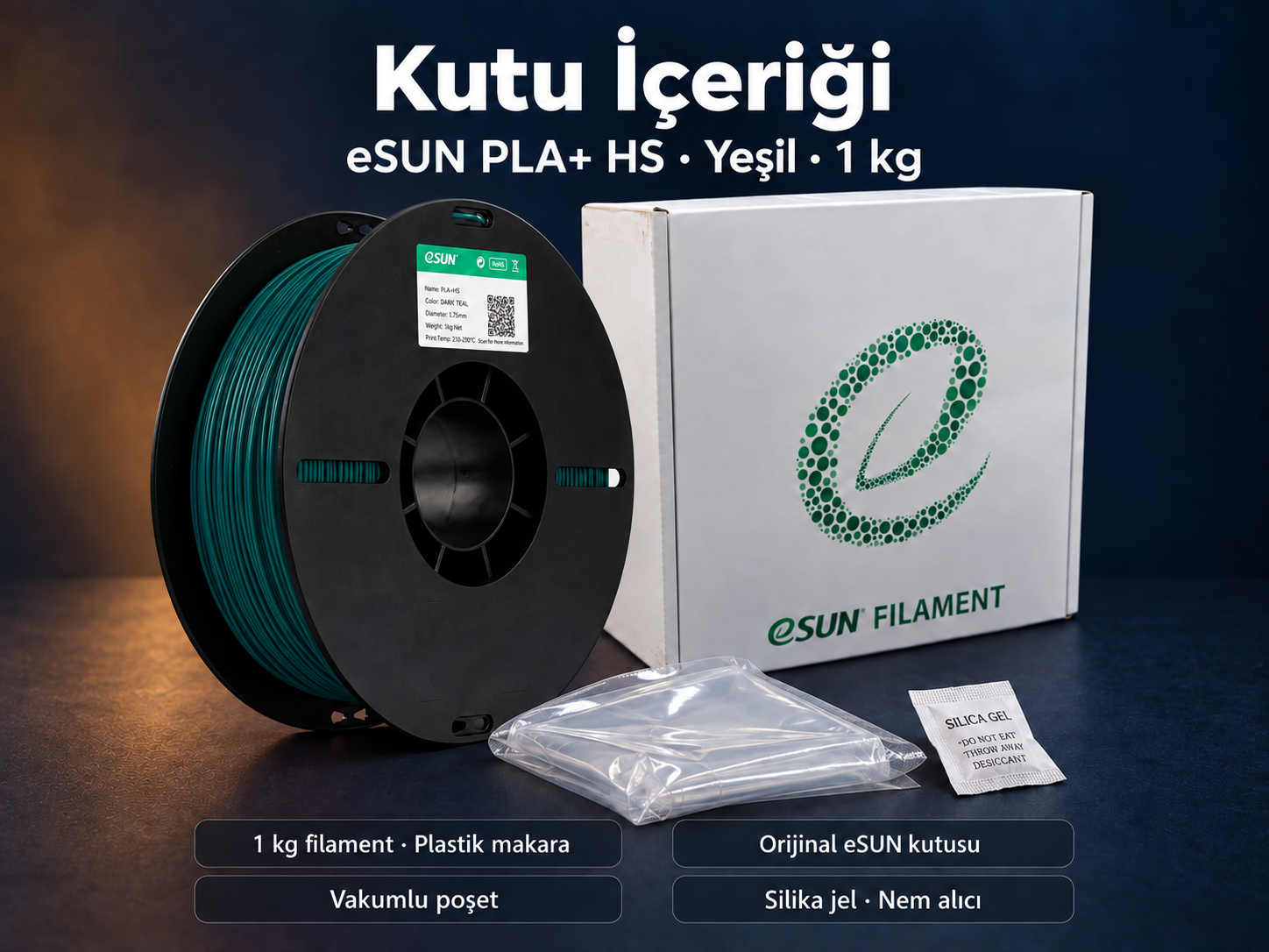 eSUN PLA+ HS Yeşil kutu i&ccedil;eriği: plastik makara, orijinal kutu, vakumlu poşet ve silika jel