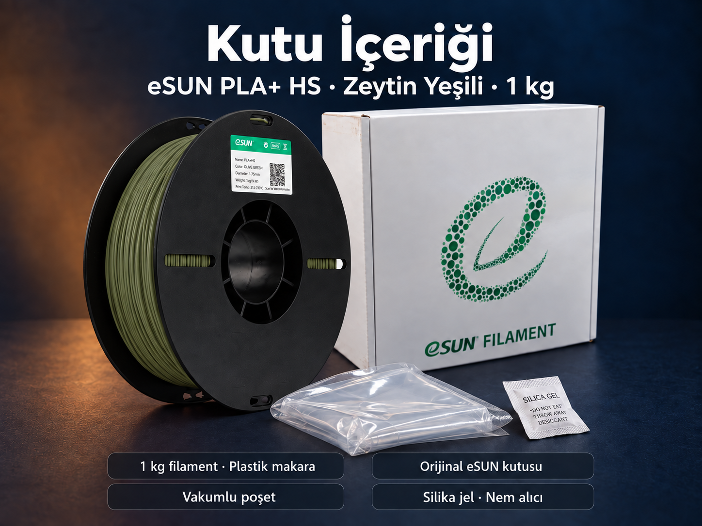 eSUN PLA+ HS Zeytin Yeşili kutu i&ccedil;eriği: plastik makara, orijinal kutu, vakumlu poşet ve silika jel