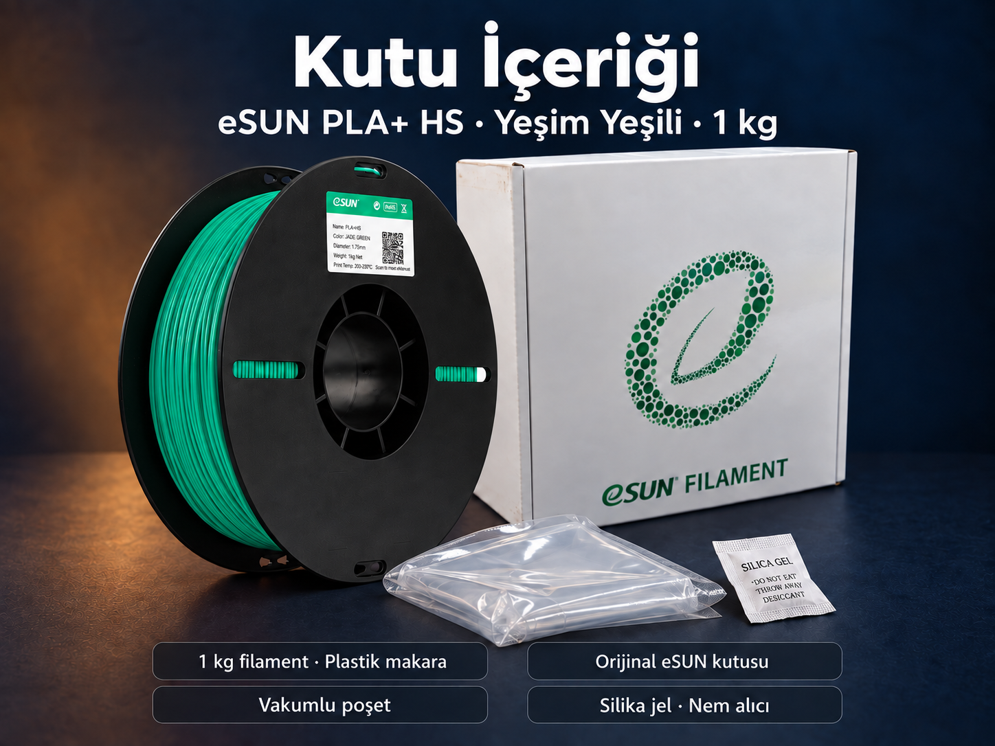 eSUN PLA+ HS Yeşim Yeşili kutu i&ccedil;eriği: plastik makara, orijinal kutu, vakumlu poşet ve silika jel