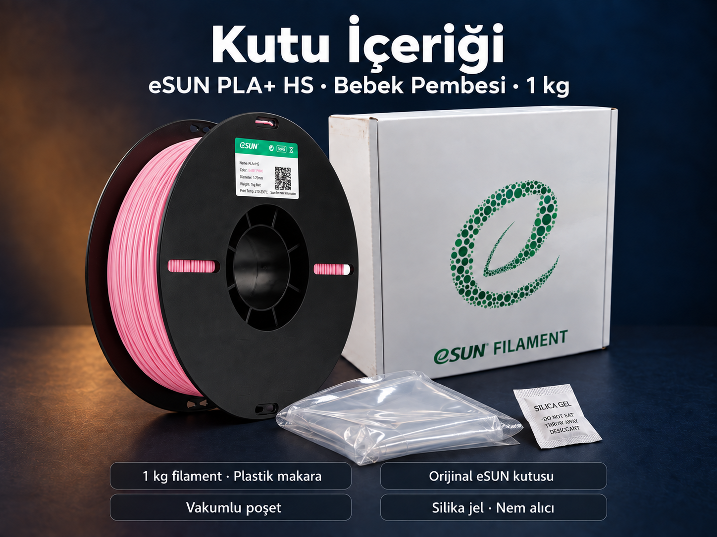 eSUN PLA+ HS Bebek Pembesi kutu i&ccedil;eriği: plastik makara, orijinal kutu, vakumlu poşet ve silika jel