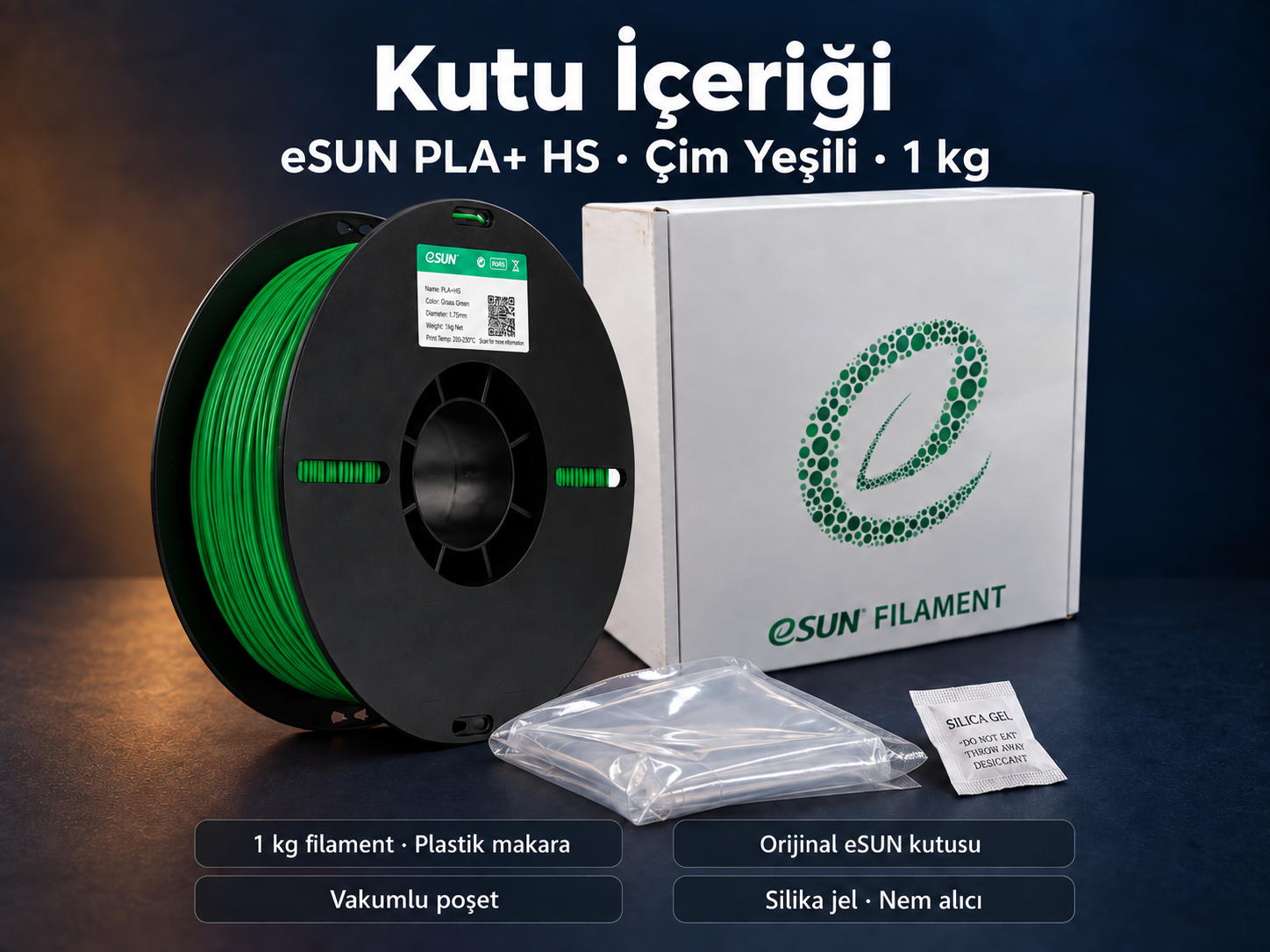 eSUN PLA+ HS &Ccedil;im Yeşili kutu i&ccedil;eriği: plastik makara, orijinal kutu, vakumlu poşet ve silika jel