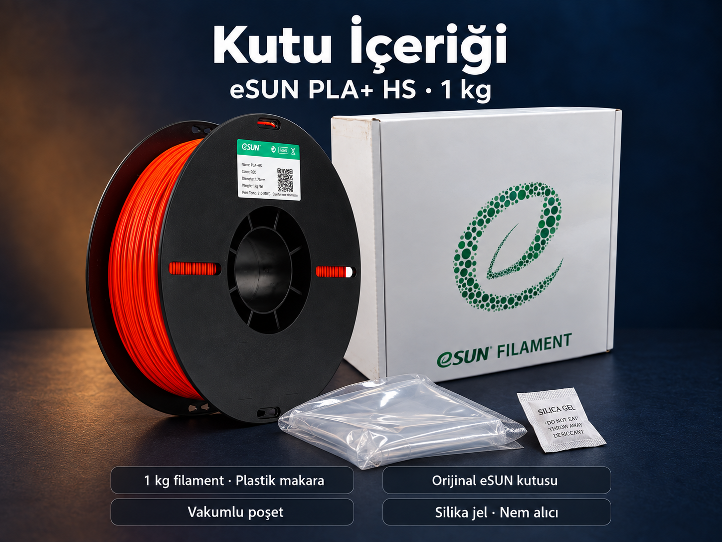 eSUN PLA+ HS kutu i&ccedil;eriği: plastik makara, koruyucu kutu, vakumlu poşet ve silika jel