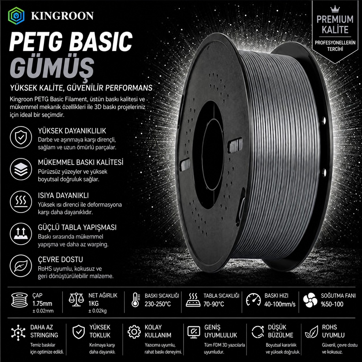 Kingroon PETG Basic G&uuml;m&uuml;ş
