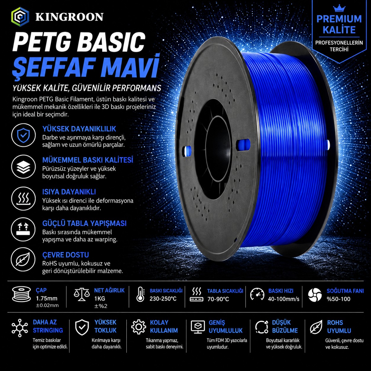 Kingroon PETG Basic Şeffaf Mavi