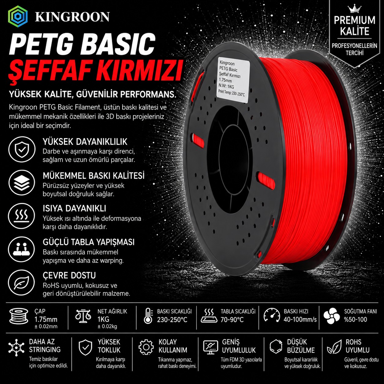 Kingroon PETG Basic Şeffaf Kırmızı