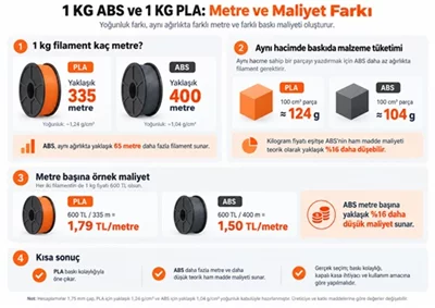 1 Kg ABS ile 1 Kg PLA Arasındaki Metre ve Baskı Maliyeti Farkı